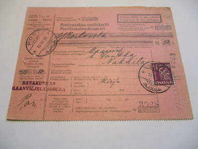 1930 Pori vapaakirjeen postiennakko Nakkilaan
