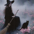 Halloween noita, kissa istuu pionin päällä - pikkukuva 1
