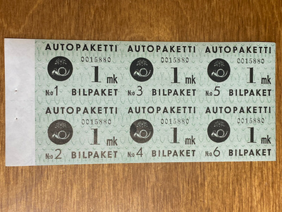 AUTOPAKETTIMERKKI 1949/50 1MK W1 VIHKOLEHTI/KUUSILO**