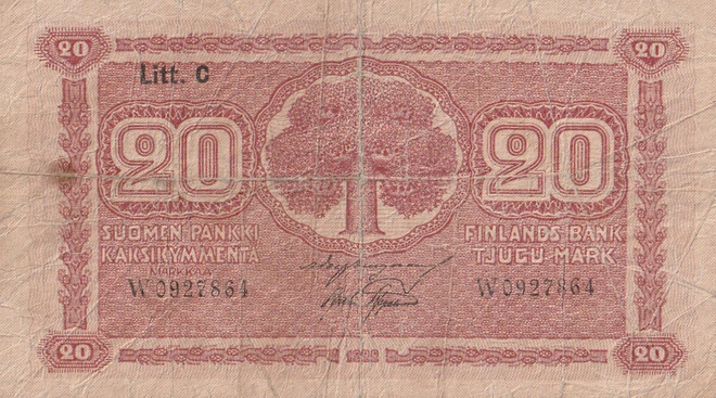 20 markkaa 1922 Litt. C sarja W, BUR-AAs