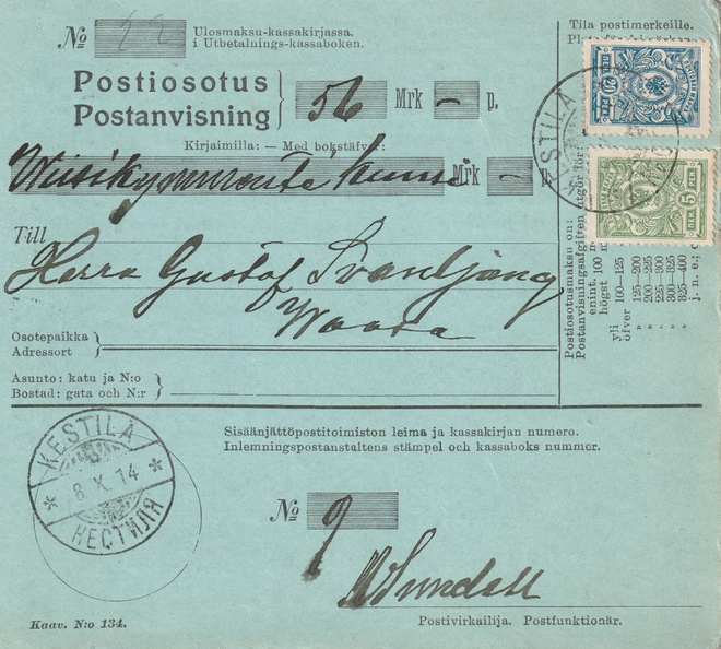 1914 Postiosotus Kestilästä Nikolainkaupunkiin