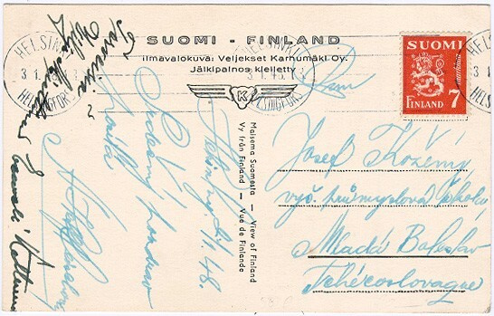 1947 7mk pun.leijona postikortti CSR:ään