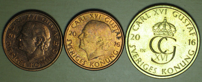 2016 Ruotsi 1 kruunu x2 kpl ja 5 Kruunu x1 kpl