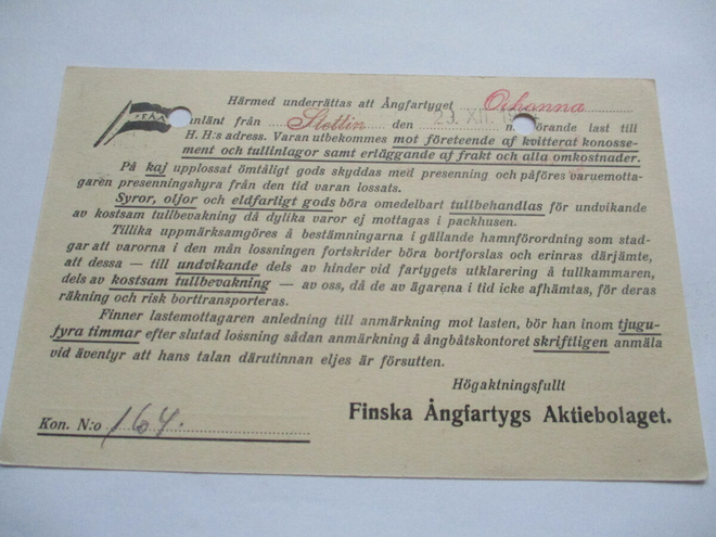 1924 FÅA Oihonna ilmoituskortti