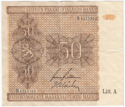 50 Markkaa 1945 Litt.A B-sarjaa, kl.4