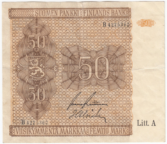 50 Markkaa 1945 Litt.A B-sarjaa, kl.4