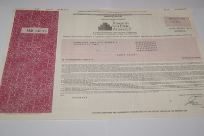 Osakekirja Yhdysvallat American Real Estate Partners 1987