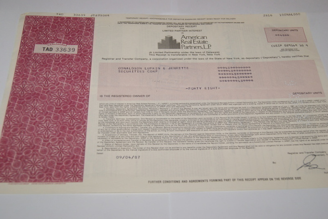 Osakekirja Yhdysvallat American Real Estate Partners 1987