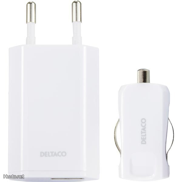 Deltaco USB Laturisarja autoon ja kotiin, USB A, 1A *UUSI*