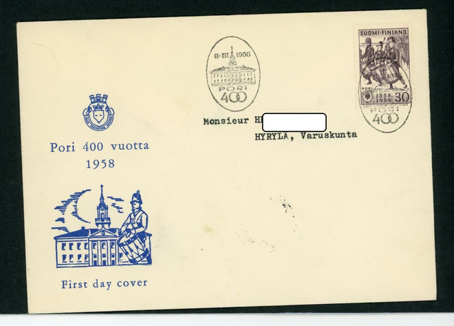 FDC 1958 Pori 400 vuotta+tuloleima