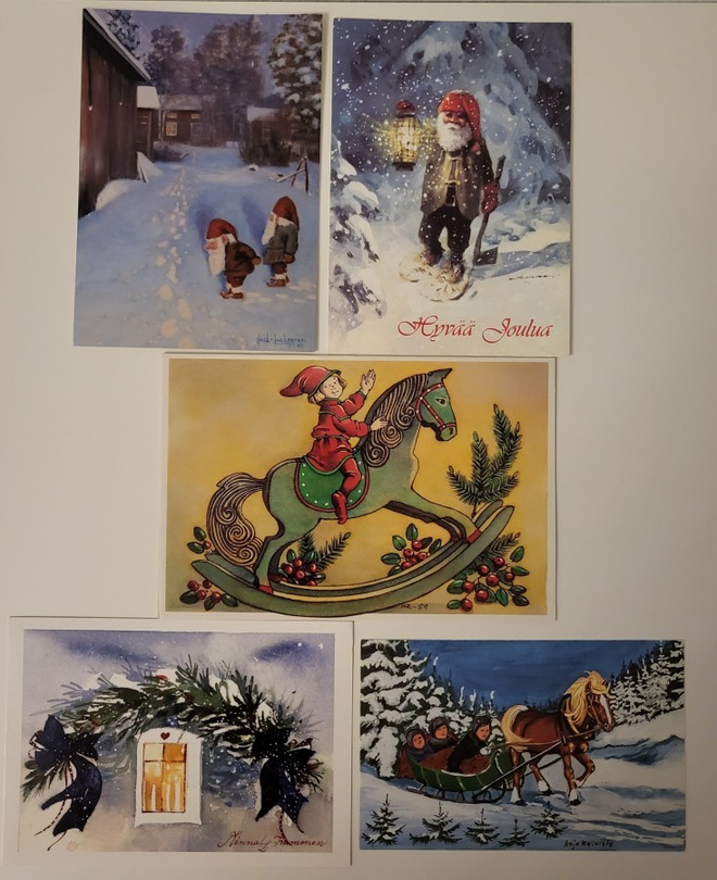 Joulukortti 5kpl, kulkenut, signeerattuja