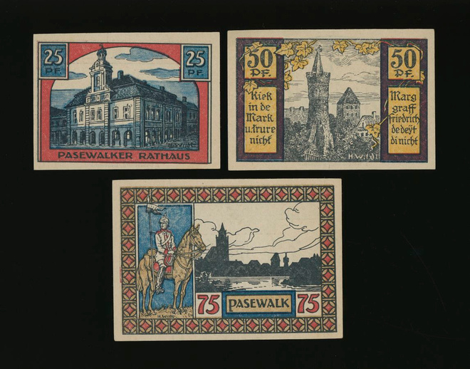 Saksa Notgeld 25, 50, 75 Pfennig, Pasewalk 1921