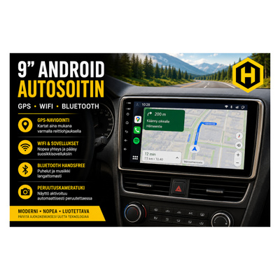 9" Android-autosoitin 2 DIN 1+32GB, GPS, WiFi, FM, Bluetooth