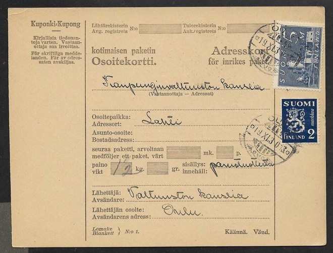 Pakettikortti - Yl.m. 2+5mk (LAPE 153+155) Oulu 19.11.1930