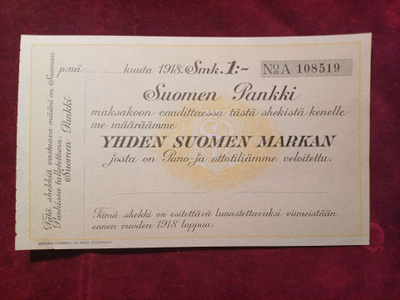 Yhden Suomen markkan shekki. Suomen pankki 1918