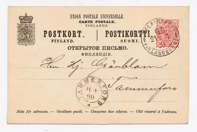 Ehiökortti 21.01.1890 Helsingfors - 21.01.1890 Tammerfors
