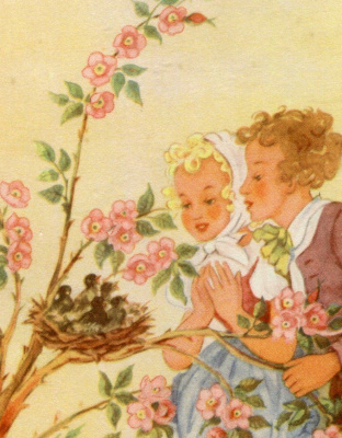 Lapsi - Pari ihailee linnun pesää - Kortti 1940-50-luvulta