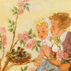 Lapsi - Pari ihailee linnun pesää - Kortti 1940-50-luvulta - pikkukuva 1