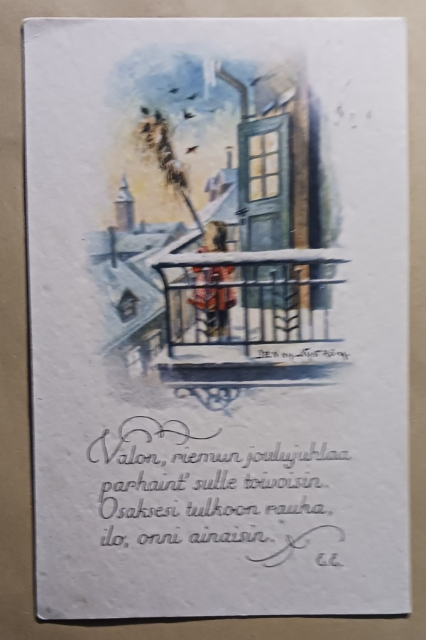 Jenny Nyström: Tyttö parvekkeella, lyhde ja runo, p. 1930