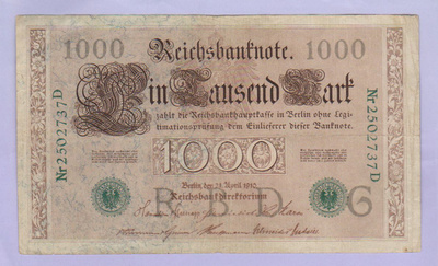 Saksa 1000 Mark Reichsbanknote v.1910 P-45b