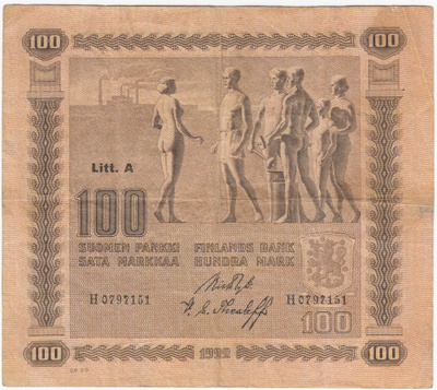 100 Markkaa 1922 Litt.A H-sarjaa, kl.4