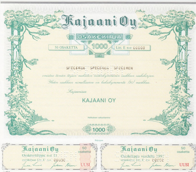 OKK 1987 Kajaani Oy spec, pörssi osakekirja