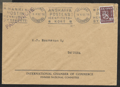 Postilähetys - Yl.m. 10mk (LAPE 380) Helsinki 9.4.1952