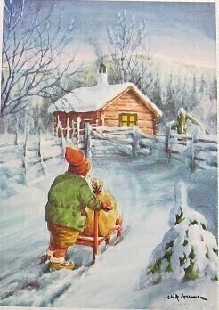 Tonttu työntää kelkkaa Joulukortti