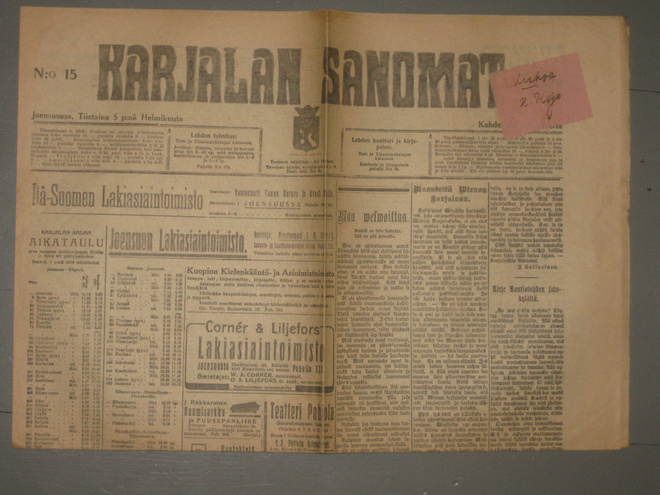 Sanomalehti  Karjalan Sanomat 5.2. 1918