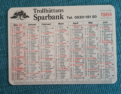 TROLLHÄTTANS SPARBANK Taskukalenteri 1984