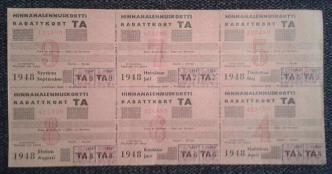 HINNAN ALENNUSKORTTI VUODELTA 1948