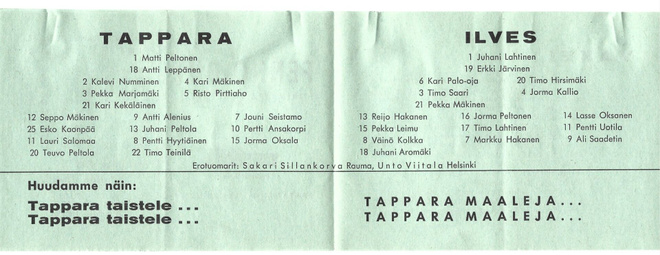 Otteluohjelma Tappara-Ilves 1967+ 3 pelaajakuvaa