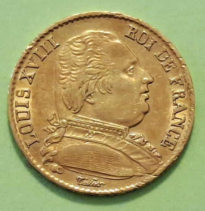Ranska 20 Francs 1814 Louis XVIII kultaraha. Harvinainen.