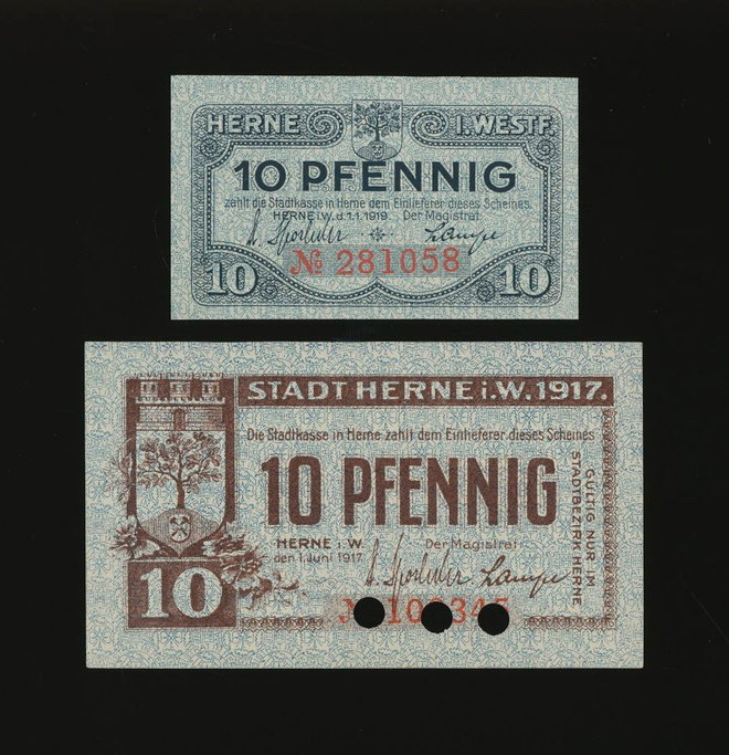 Saksa Notgeld 2 x 10 Pfennig, Herne 1917-19