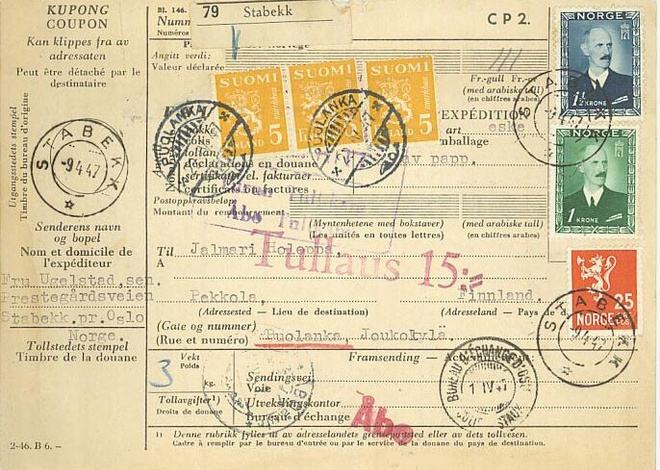 1947 norjalaisen paketin tullausmaksu - 3 x 5mk keltainen