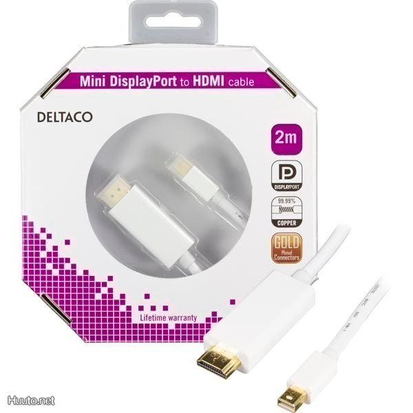 Deltaco Mini DisplayPort uros - HDMI uros, 2m, valk. *UUSI*