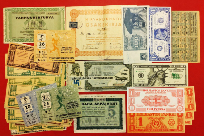 Trillion $, Arpa, Osake, Olympia lippu, Hupi setelit, ym.