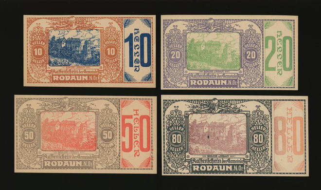 Itävalta Notgeld 10, 20, 50, 80 Heller, Rodaun