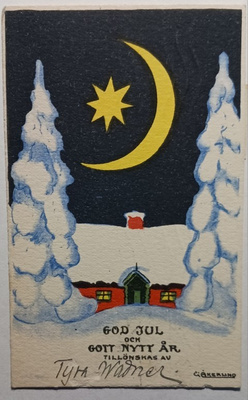 Åkerlund: Mökki talvimaisemassa, pikkupk, p. 1928 Suomeen