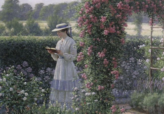 Edmund Blair Leighton: Nainen lukee puutarhassa