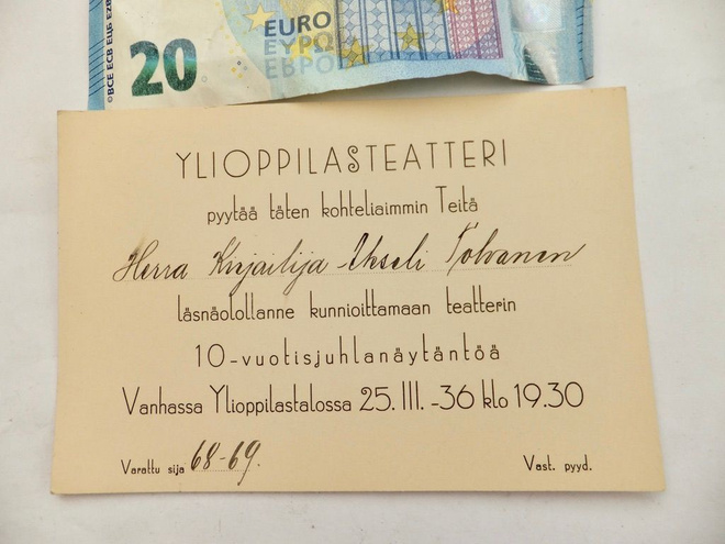 Kutsu Ylioppilasteatteri 10 v Kirjailija Akseli Tola 1936