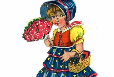 WANHA / Krinoliinimekkoinen tyttö ja tulppaanit. 1930-l.