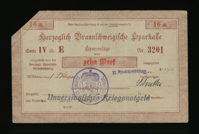 Saksa 10 Mark, Braunschweig 1.11.1918, Serie IV lit. E, VF