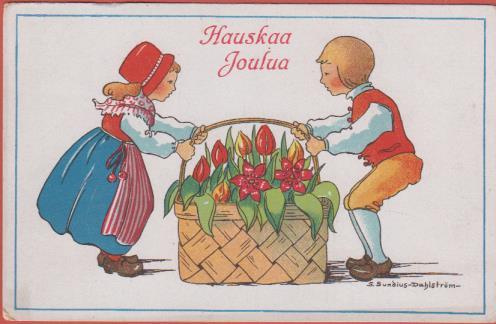 S Sundius-Dahlström Lapset ja kukkakori - vanha kortti