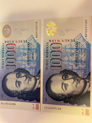 Suomi Finland 1000 mk setelit 2 kpl v.1986- hinta yhdelle