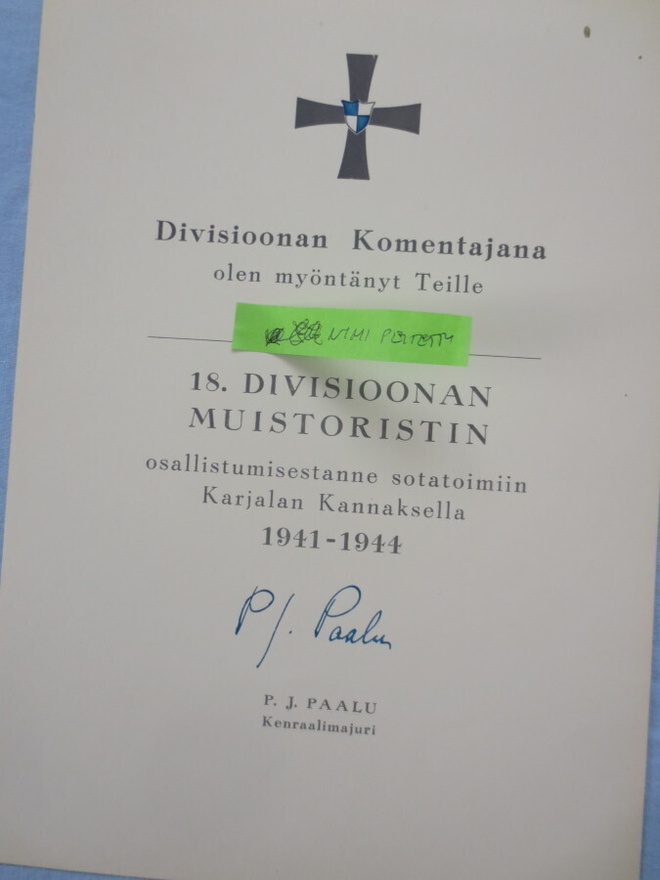 18--Divisioonan  Ristin  Myöntökirja