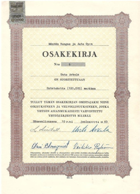 OKK 1960 Mäntän Rengas ja Auto Oy, Hämeenlinna osakekirja