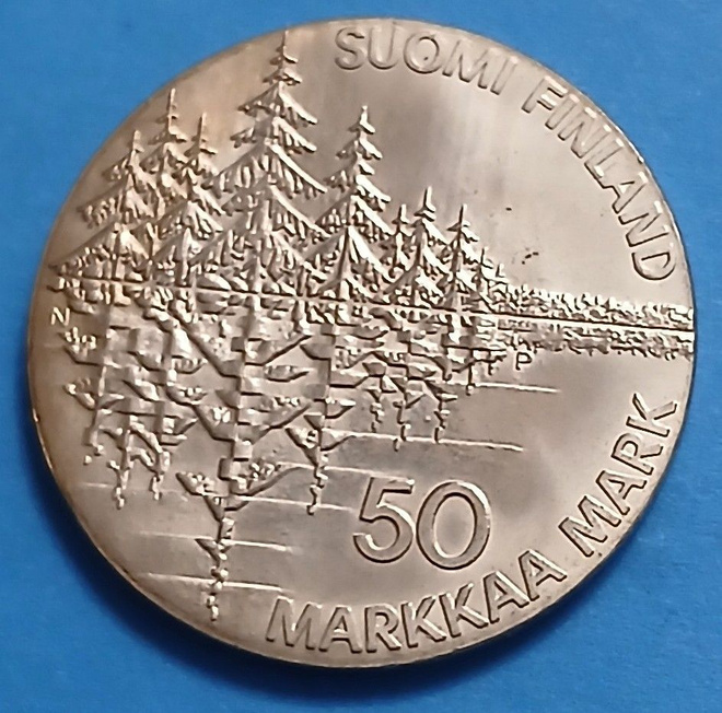 Hopeinen juhlaraha 50 mk vuodelta 1985, Kalevala 150 vuotta.