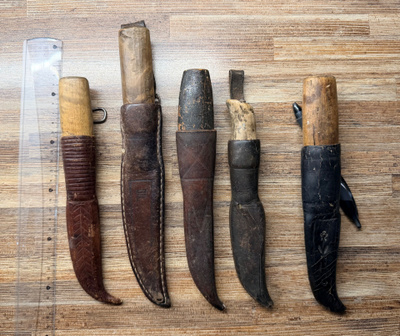 Puukko x 5, vanhat nahkatuppiset