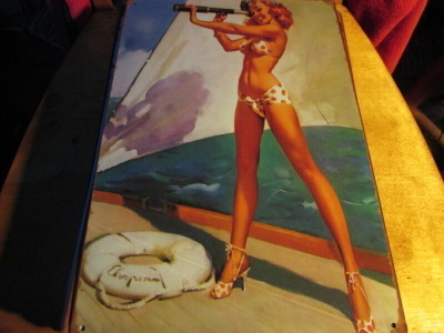 Peltikyltti Pin-Up-tyttö kiikaroi